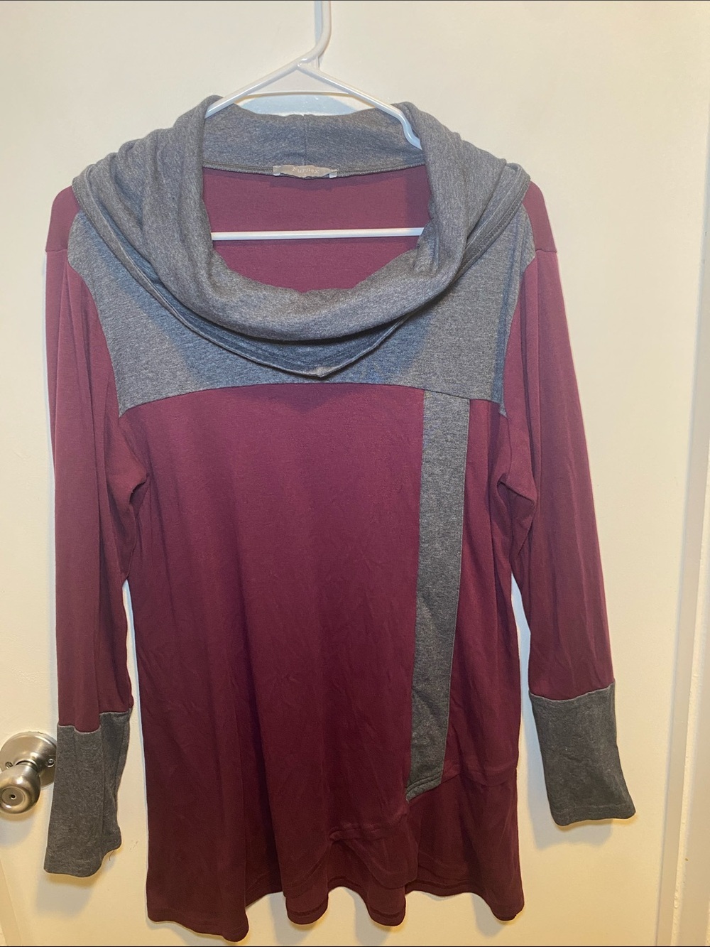 Furnex Women’s Burgundy Cowl Neck Pullover with Gray Trim